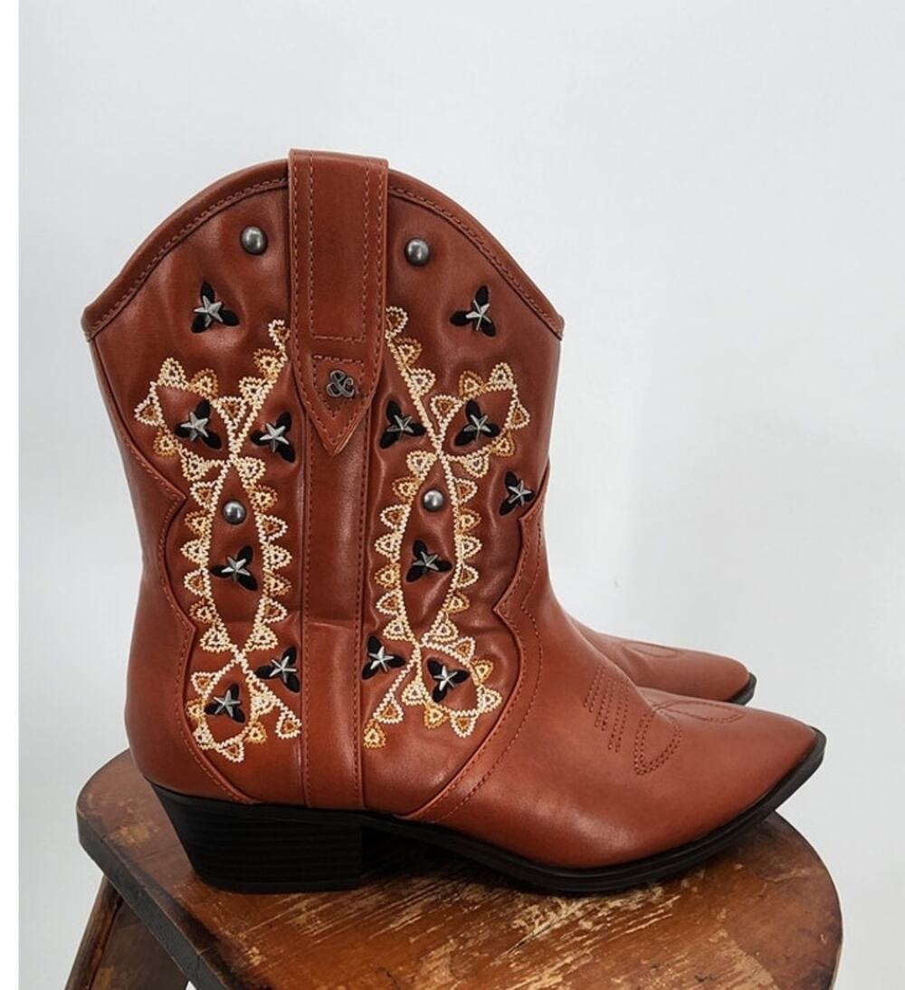 Sam & Libby Embroidered Short Ankle Cowboy Western Booties Brown Size 8